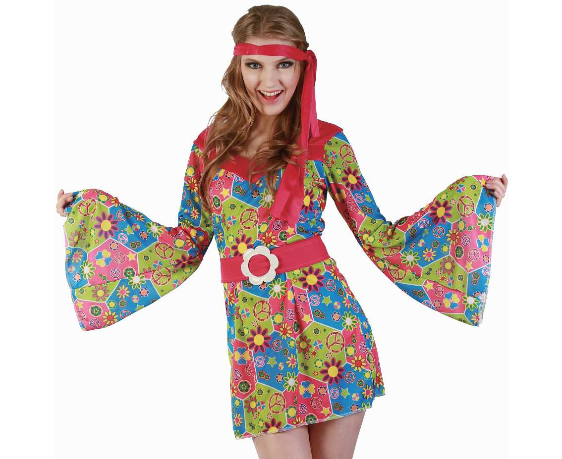 Role play-set for adult Flower Hippie Girl (dress, headband, belt), size S